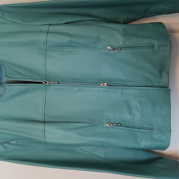 Turquoise lined leather jacket with double zipper and zippered pockets. - Picture 2 of 2